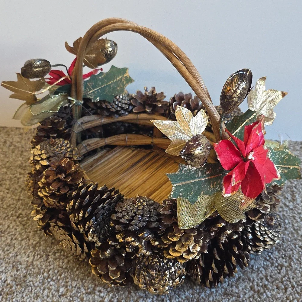 Vintage Pinecone Basket with Red And Gold Accents